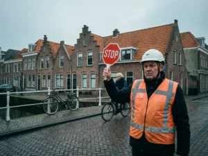 Verkeersregelaar in oranje hesje met stopbord op Nederlandse straat met bakstenen huizen en fietser op achtergrond