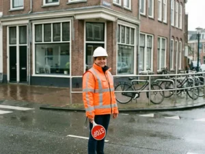 Nederlandse verkeersregelaar in oranje hesje met stopbord op straat, bakstenen gebouwen en fietsen op achtergrond