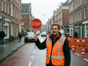 Nederlandse verkeersregelaar in oranje veiligheidsvest houdt stopbord vast bij wegwerkzaamheden op straat met bakstenen gebouwen