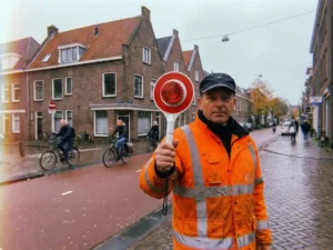 Verkeersregelaar in oranje hesje met stop-ga bord op Nederlandse straat met bakstenen huizen en fietspaden