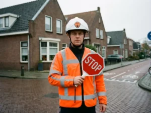 Nederlandse verkeersregelaar in oranje veiligheidsvest houdt rode stopbord op straat met bakstenen gebouwen en fietspaden
