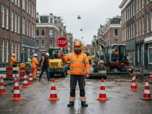 Verkeersregelaar in oranje veiligheidsvest houdt stopbord vast op Nederlandse bouwplaats met verkeerskegels
