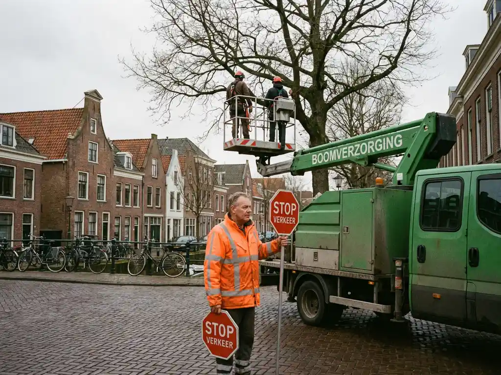 Nederlandse verkeersregelaar in oranje hesje houdt stopbord vast bij boomonderhoud op straat met bakstenen huizen
