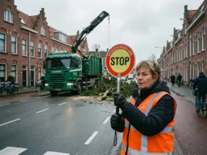 Nederlandse verkeersregelaar in oranje veiligheidsvest houdt stopbord vast bij bomenkap op straat met rode bakstenen huizen