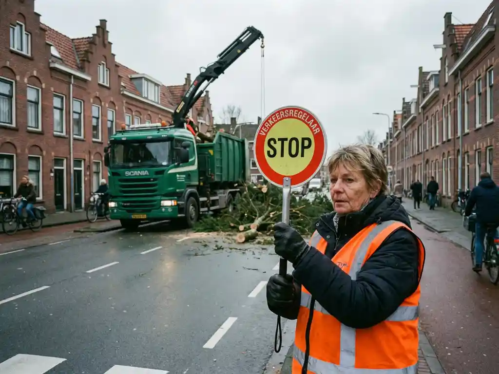 Nederlandse verkeersregelaar in oranje veiligheidsvest houdt stopbord vast bij bomenkap op straat met rode bakstenen huizen