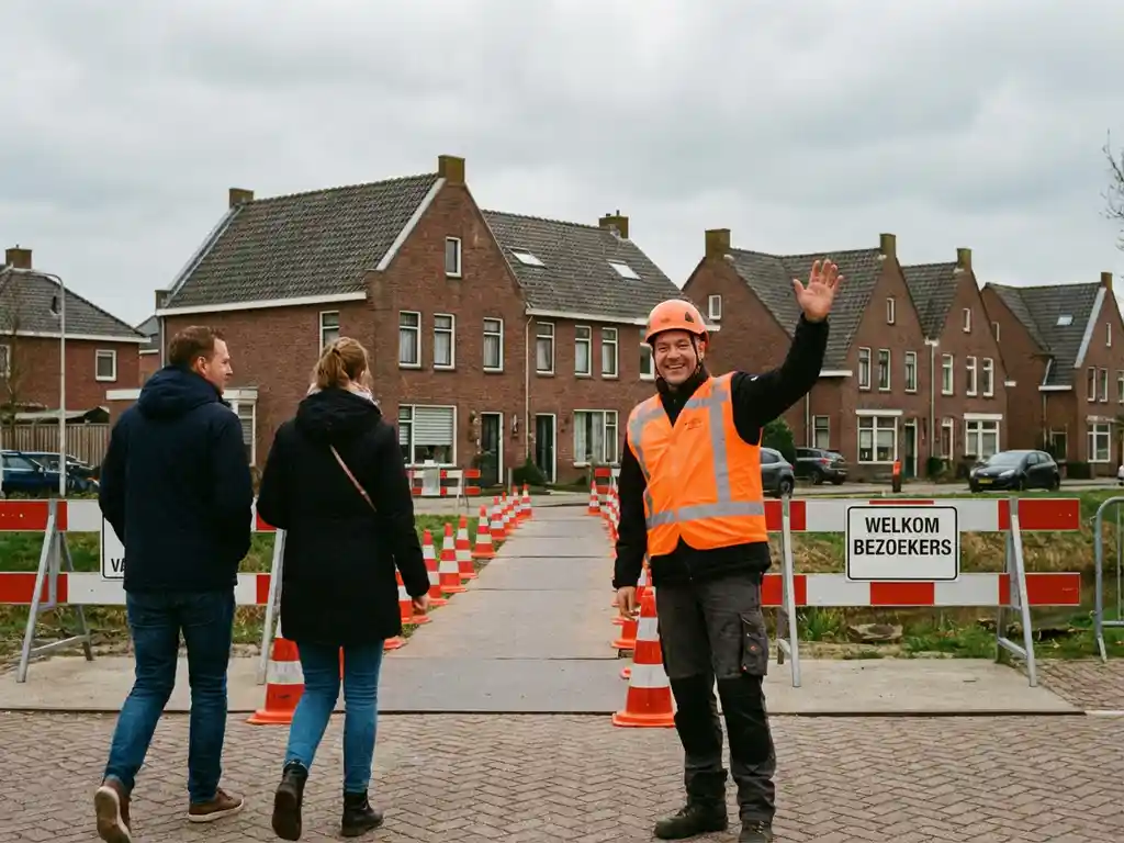Verkeersregelaar in oranje hesje gebaart welkom naar bezoekers bij bouwplaats in Nederlandse woonwijk met bakstenen huizen