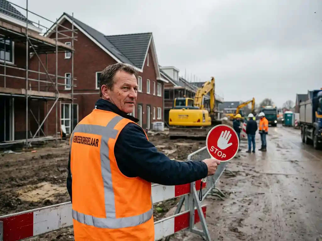 Nederlandse verkeersregelaar in oranje veiligheidsvest met stopbord op drukke bouwplaats met nieuwe woningen
