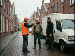 Verkeersregelaar in oranje veiligheidsvest gebaart naar bouwvakker en vrachtwagenchauffeur op Hollandse straat