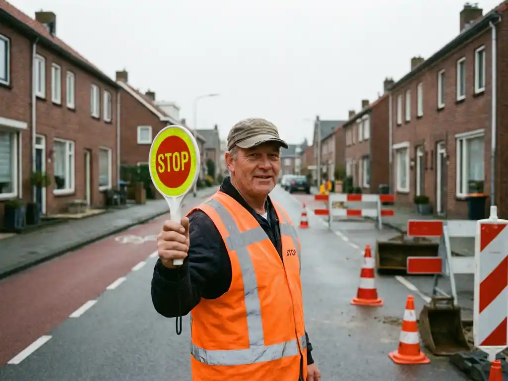 Nederlandse verkeersregelaar in oranje veiligheidsvest met stop/ga bord op straat met wegwerkzaamheden en bakstenen huizen