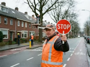 Verkeersregelaar in oranje hesje met stopbord bij boomonderhoud op Nederlandse woonstraat met fietspaden