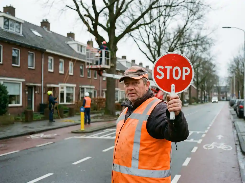 Verkeersregelaar in oranje hesje met stopbord bij boomonderhoud op Nederlandse woonstraat met fietspaden