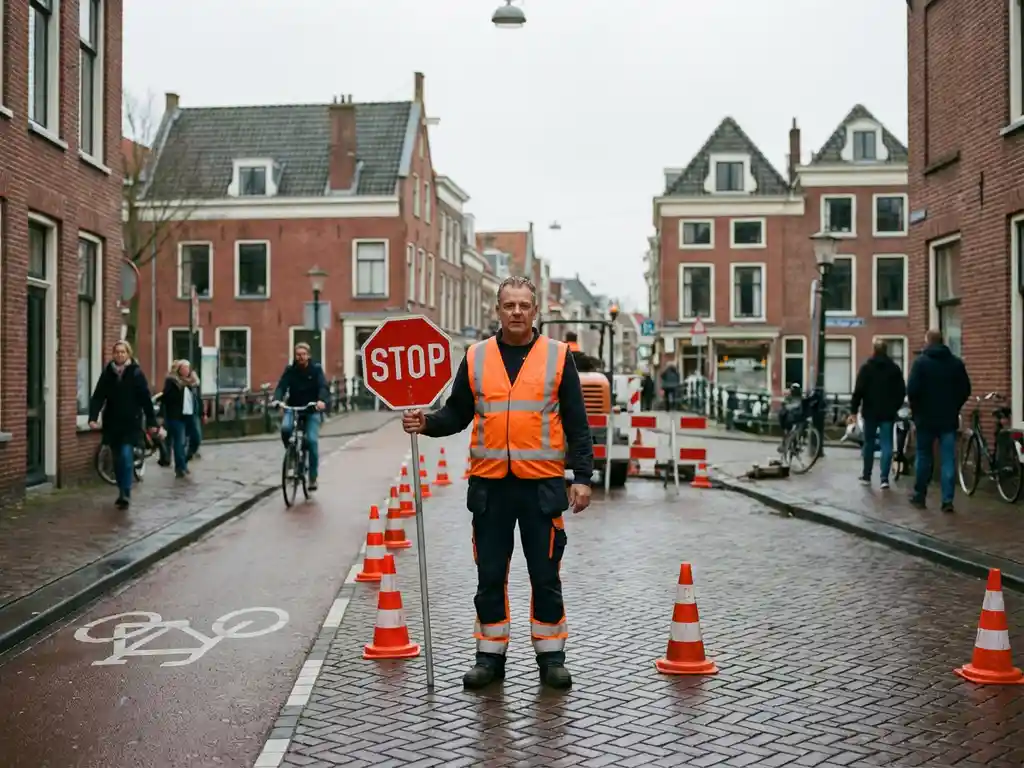 Verkeersregelaar in oranje veiligheidsvest houdt stopbord vast op Nederlandse straat met bakstenen gebouwen en fietspad