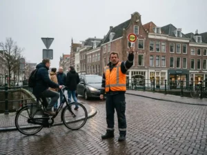 Verkeersregelaar in oranje hesje dirigeert verkeer met stopbord op Nederlandse straat met bakstenen gebouwen en fietser