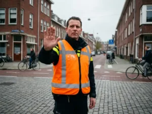 Nederlandse verkeersregelaar in oranje hesje geeft handsignaal op straat met rode bakstenen gebouwen en fietspaden