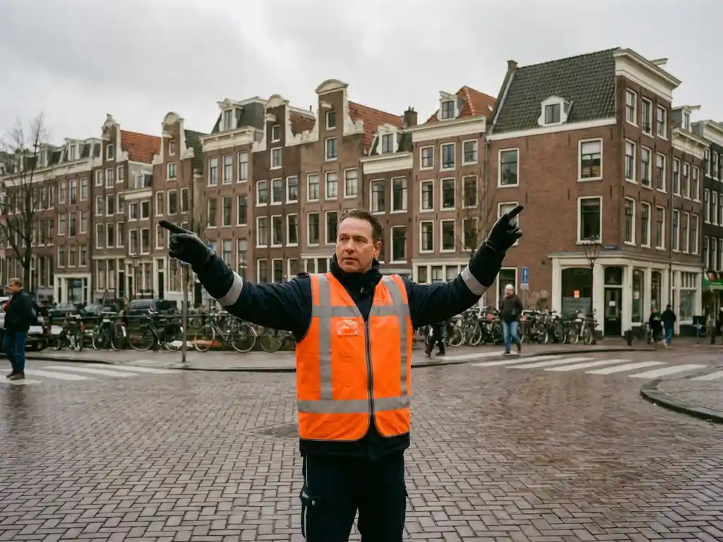 Verkeersregelaar in oranje veiligheidsvest dirigeert verkeer op Nederlands kruispunt met bakstenen gebouwen en fietsen