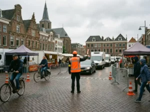 Verkeersregelaar in oranje hesje dirigeert verkeer bij evenement, Nederlandse bakstenen gebouwen op achtergrond