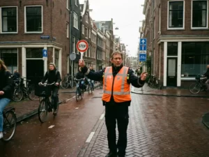 Nederlandse verkeersregelaar in oranje hesje met stopbord op druk kruispunt met bakstenen gebouwen en fietspaden