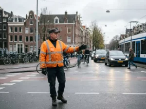 Nederlandse verkeersregelaar in oranje hesje bij drukke kruising met traditionele bakstenen gebouwen en fietsen