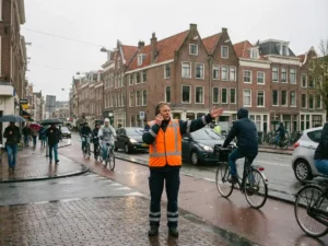 Verkeersregelaar in oranje hesje dirigeert verkeer op Nederlands kruispunt met bakstenen gebouwen en fietspaden
