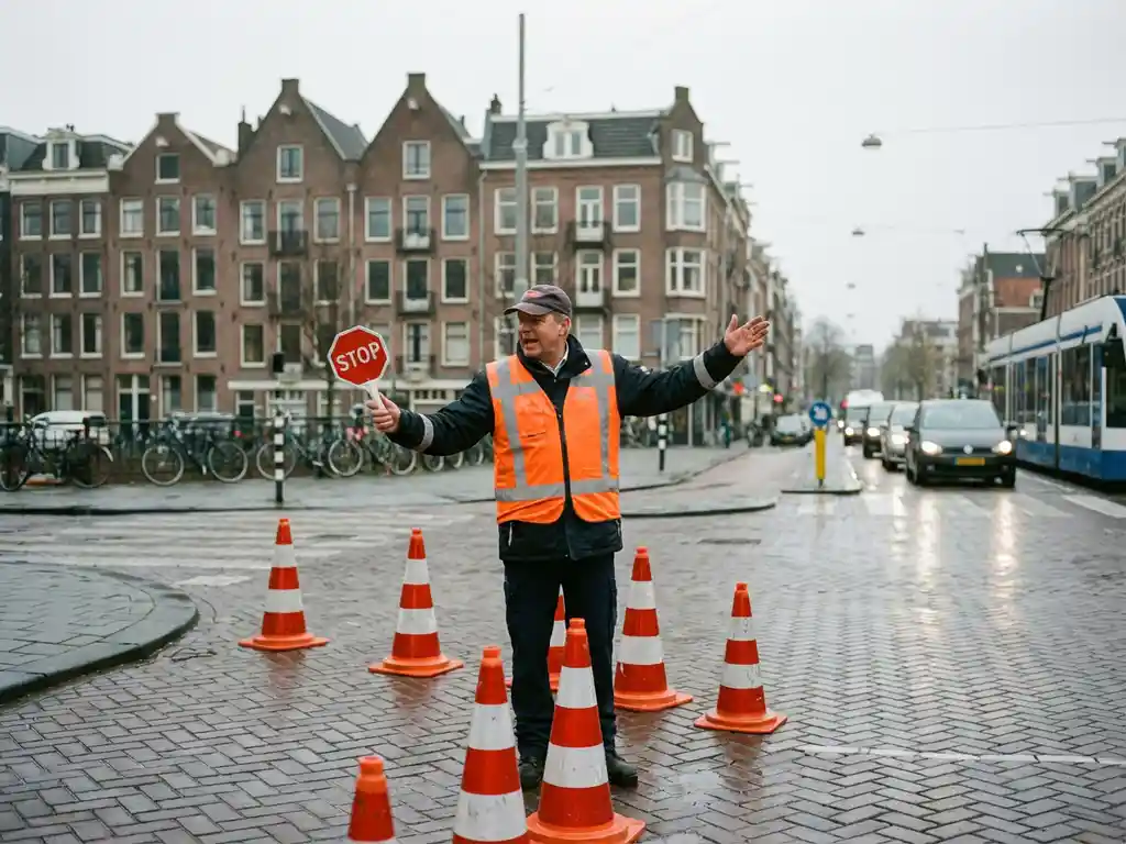 Nederlandse verkeersregelaar in oranje veiligheidsvest dirigeert verkeer op druk kruispunt met stopbord in traditionele straat