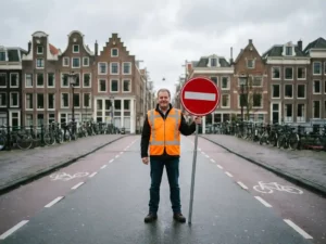 Nederlandse verkeersregelaar in oranje veiligheidsvest met rood stopbord op straat met grachtenpanden en fietspaden