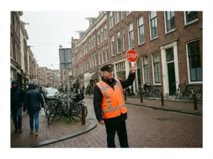 Nederlandse verkeersregelaar in oranje hesje houdt rood stopbord vast op straat met bakstenen gebouwen en fietsen