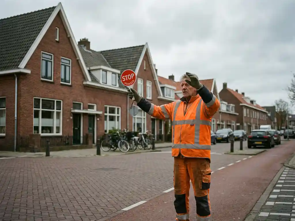 Verkeersregelaar in oranje hesje met stopbord op Nederlandse straat met bakstenen huizen en fietspaden