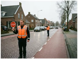 Verkeersregelaar in oranje hesje houdt stopbord vast op Nederlandse straat met bakstenen gebouwen en fietspaden