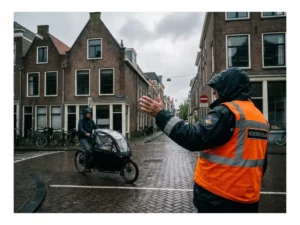 Nederlandse verkeersregelaar in oranje veiligheidsvest op kruispunt met bakstenen gebouwen en fietser op kasseien