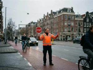 Nederlandse verkeersregelaar in oranje hesje dirigeert verkeer bij druk kruispunt met traditionele bakstenen gebouwen
