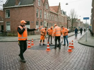 Nederlandse verkeersregelaar in oranje hesje coördineert wegwerkzaamheden met team rond verkeerskegels op straat
