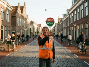 Verkeersregelaar in oranje veiligheidsvest houdt stop/ga-bord vast op Nederlandse straat met fietspaden en bakstenen gebouwen