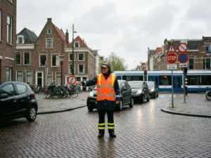 Nederlandse verkeersregelaar in oranje hesje met stopbord op Hollandse straat met bakstenen gebouwen en fietsen
