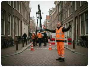 Nederlandse verkeersregelaar in oranje vest dirigeert verkeer rond wegwerkzaamheden op straat met bakstenen gebouwen