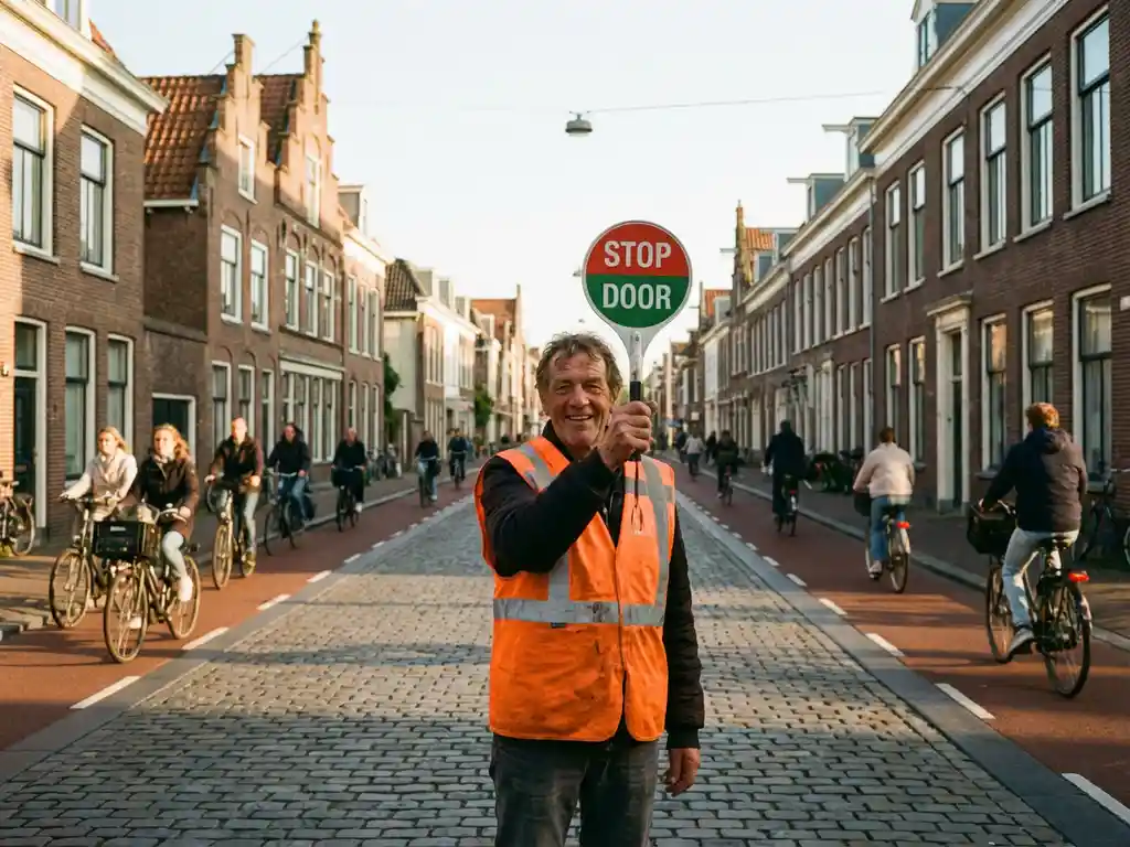 Verkeersregelaar in oranje veiligheidsvest houdt stop/ga-bord vast op Nederlandse straat met fietspaden en bakstenen gebouwen