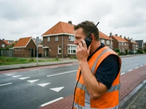 Verkeersregelaar in oranje veiligheidsvest gebruikt portofoon naast Nederlandse weg met rode fietspaden en traditionele huizen