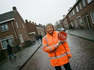 Verkeersregelaar in oranje hesje met stopbord op Nederlandse woonstraat met bakstenen huizen en geparkeerde fietsen