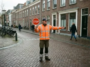 Verkeersregelaar in oranje hesje met stopbord op Nederlandse straat met bakstenen gebouwen en fietspaden