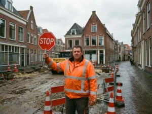 Nederlandse verkeersregelaar in oranje veiligheidsvest met stopbord op wegwerkzaamheden tussen bakstenen gebouwen