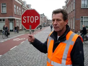 Nederlandse verkeersregelaar in oranje hesje houdt rood stopbord vast op straat met bakstenen gebouwen en fietspaden