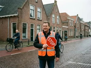 Nederlandse verkeersregelaar in oranje veiligheidsvest met rode stopbord op straat met bakstenen gebouwen en fietspaden