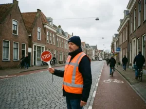 Verkeersregelaar in oranje hesje met stopbord op Nederlandse straat met bakstenen gebouwen en fietspaden