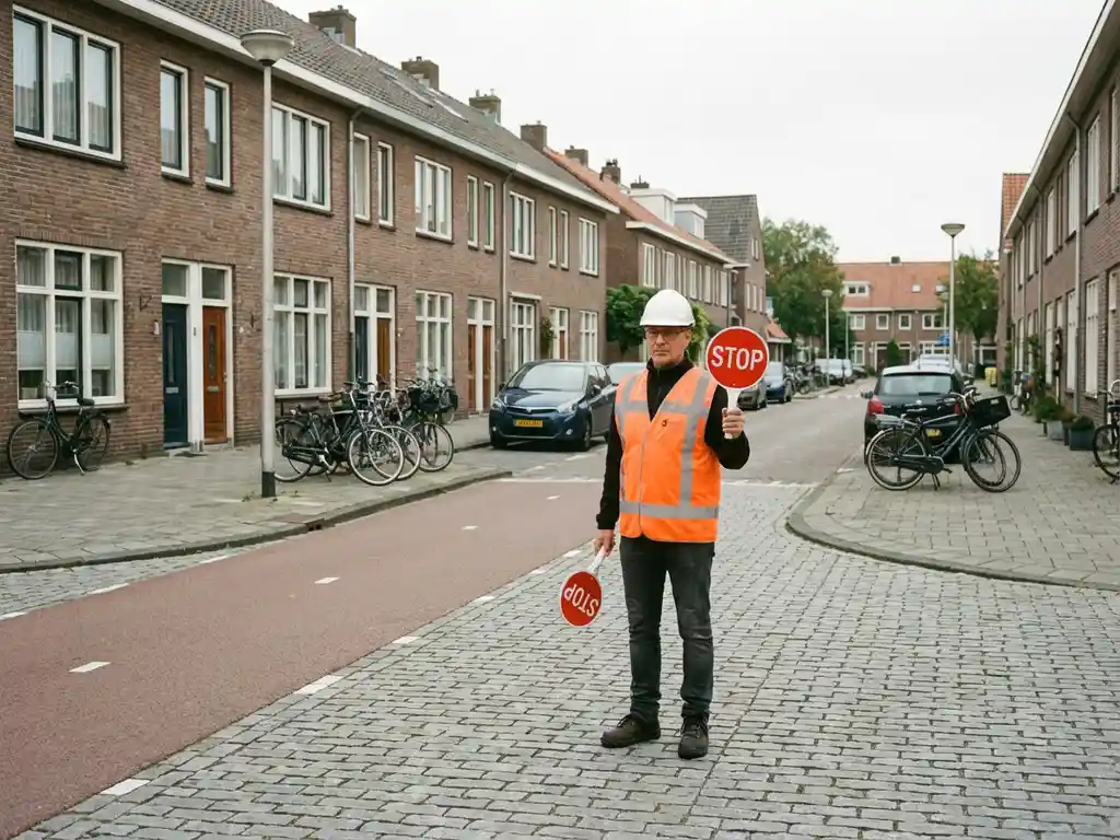 Verkeersregelaar in oranje hesje en witte helm houdt rood stopbord vast op Nederlandse straat met fietspaden