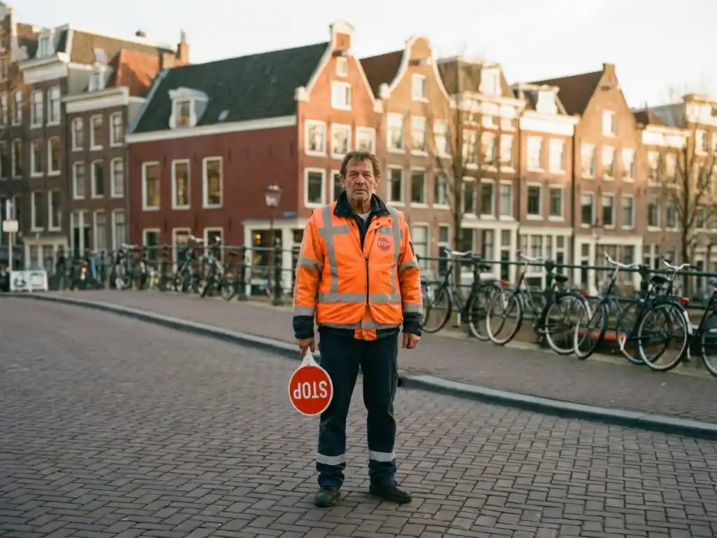 Nederlandse verkeersregelaar in oranje hesje houdt rode stopbord vast op straat met bakstenen gebouwen en fietspaden
