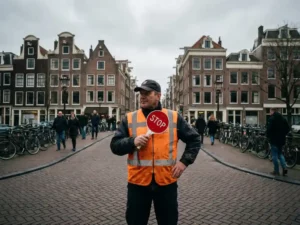 Nederlandse verkeersregelaar in oranje hesje houdt rood stopbord vast op straat met bakstenen gebouwen en fietsen