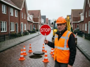 Verkeersregelaar in oranje veiligheidsvest houdt stopbord vast bij open rioolput met waarschuwingskegels op Nederlandse straat