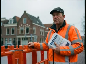 Nederlandse verkeersregelaar in oranje veiligheidsvest houdt toegangspassen vast bij constructieafzettingen