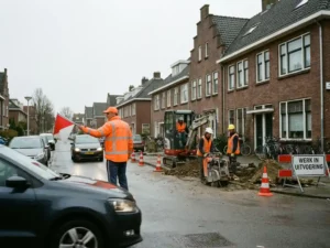 Nederlandse verkeersregelaar in oranje veiligheidsvest dirigeert verkeer bij wegwerkzaamheden op woonstraat met bakstenen huizen