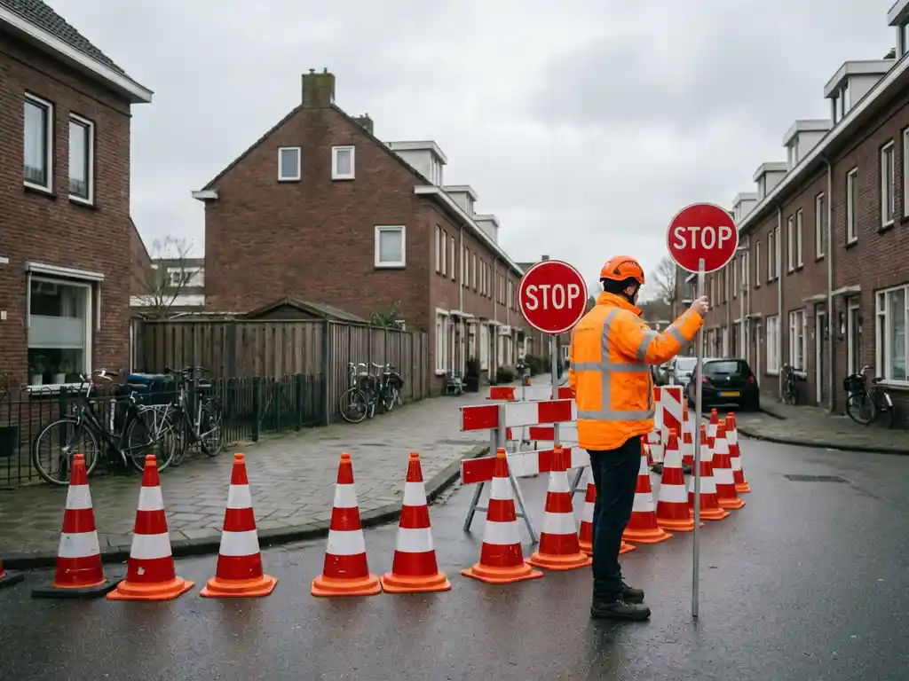 Nederlandse verkeersregelaar in oranje hesje met stopbord bij wegwerkzaamheden met pylonen op woonstraat