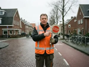 Nederlandse verkeersregelaar in oranje veiligheidsvest inspecteert stop/ga bord op straat met bakstenen huizen en fietspaden